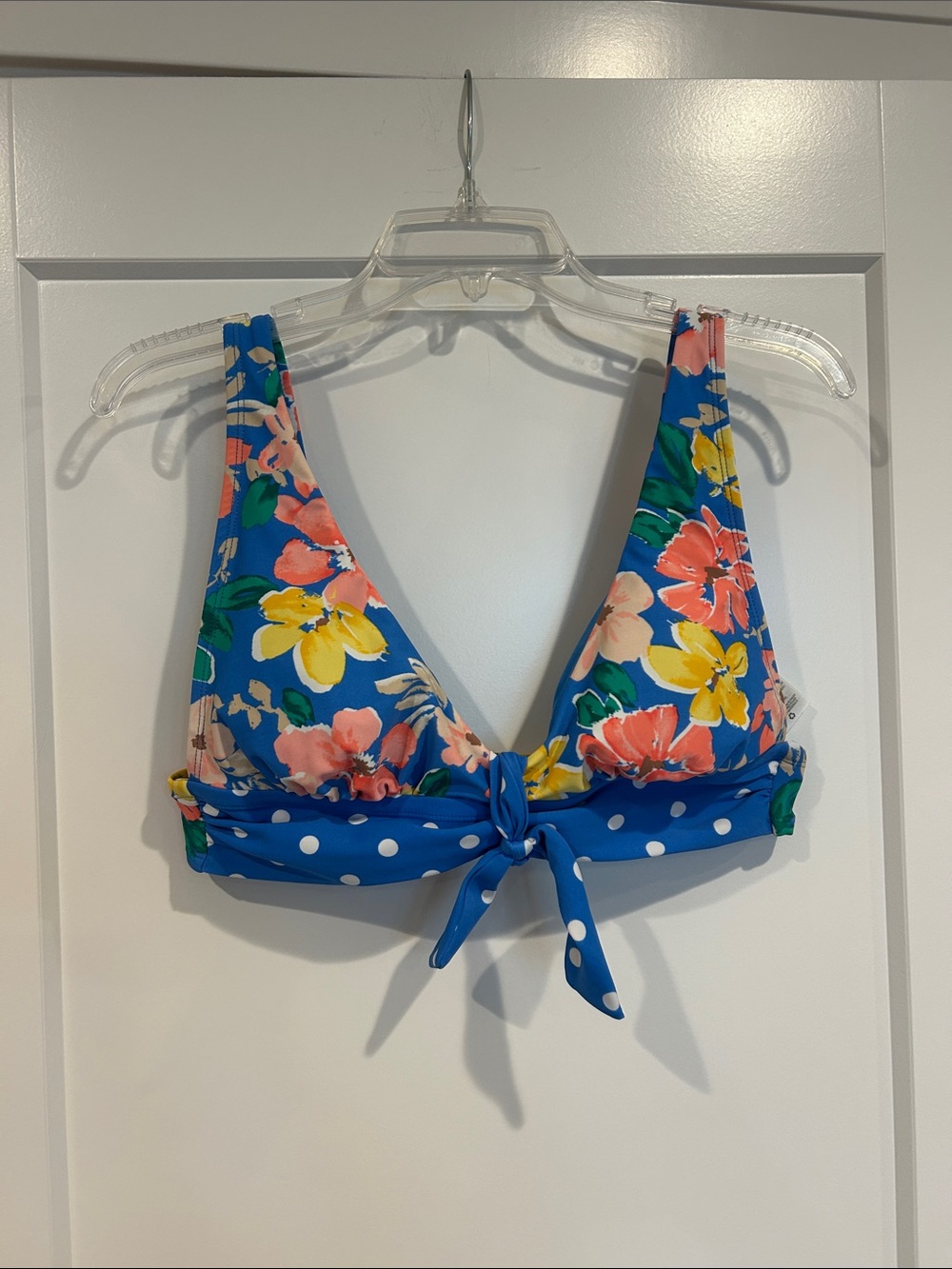 Blue Floral Polka Dot Tie-Front Bikini Top size M (8-10)
